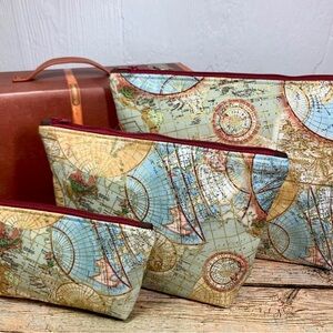 Handmade Vintage World Map Zipper Nesting Travel Makeup Bag Set of 3 Sizes - NEW
